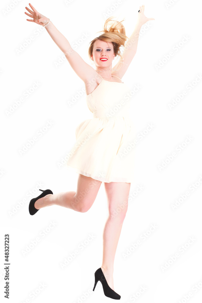 Young female Happy woman jumping with arms up isolated