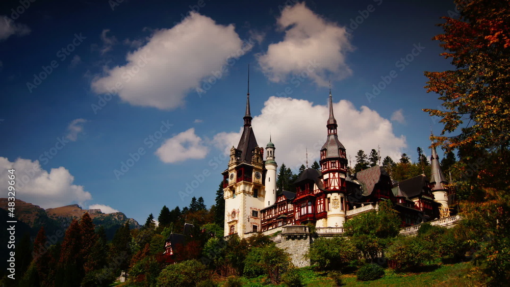 Peles royal castle in Sinaia, Romania. Cloud time lapse. Peles royal castle in Sinaia, Romania. Cloud time lapse.