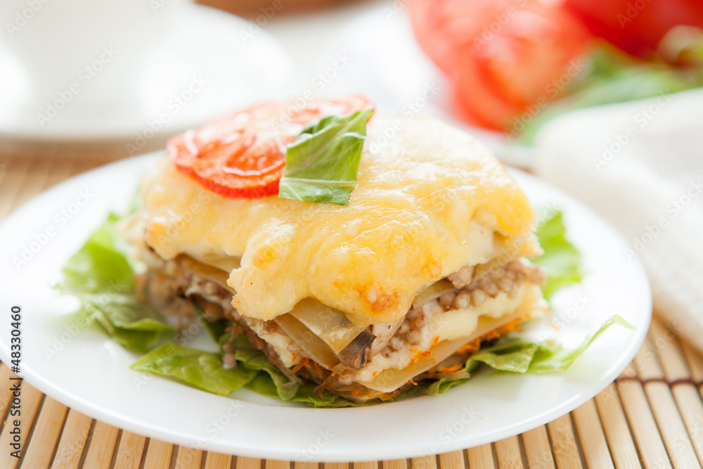 piece of vegetable lasagna on a white plate piece of vegetable lasagna on a white plate