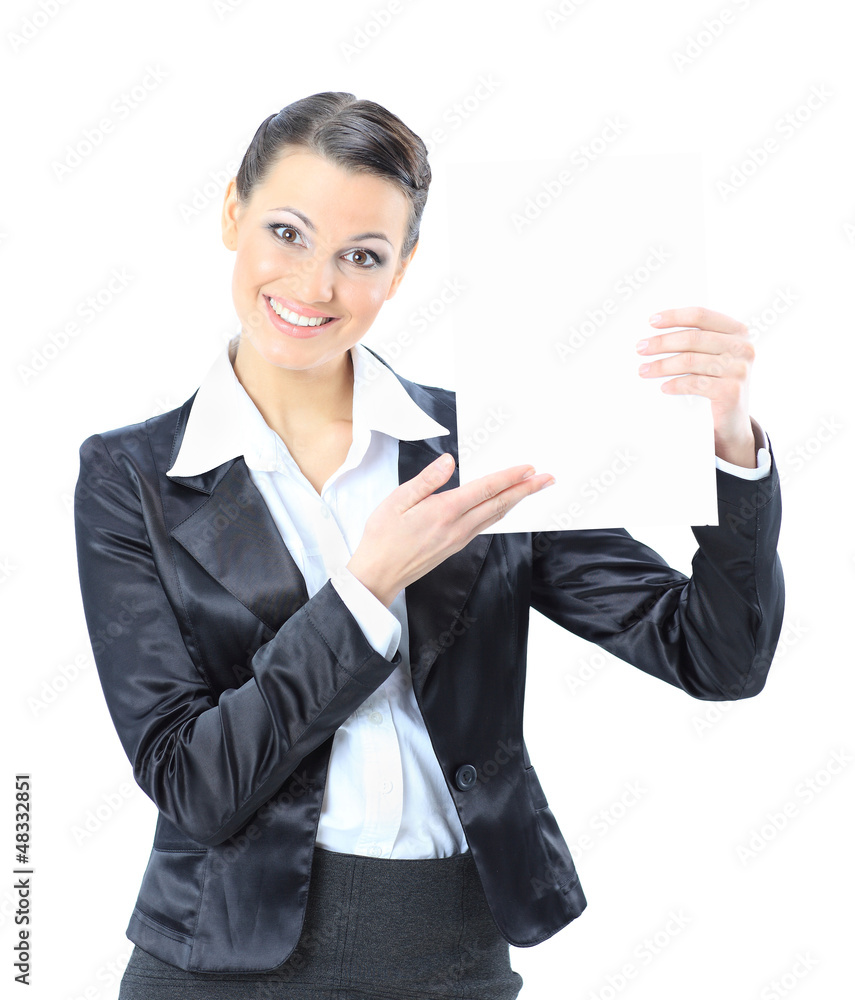 Beautiful business woman with a white banner. Beautiful business woman with a white banner.