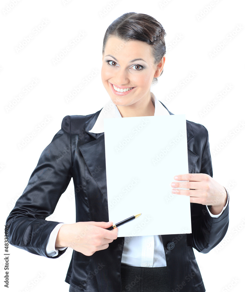 Âeautiful business woman with a white banner. Âeautiful business woman with a white banner.