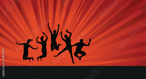group jumping on a red background