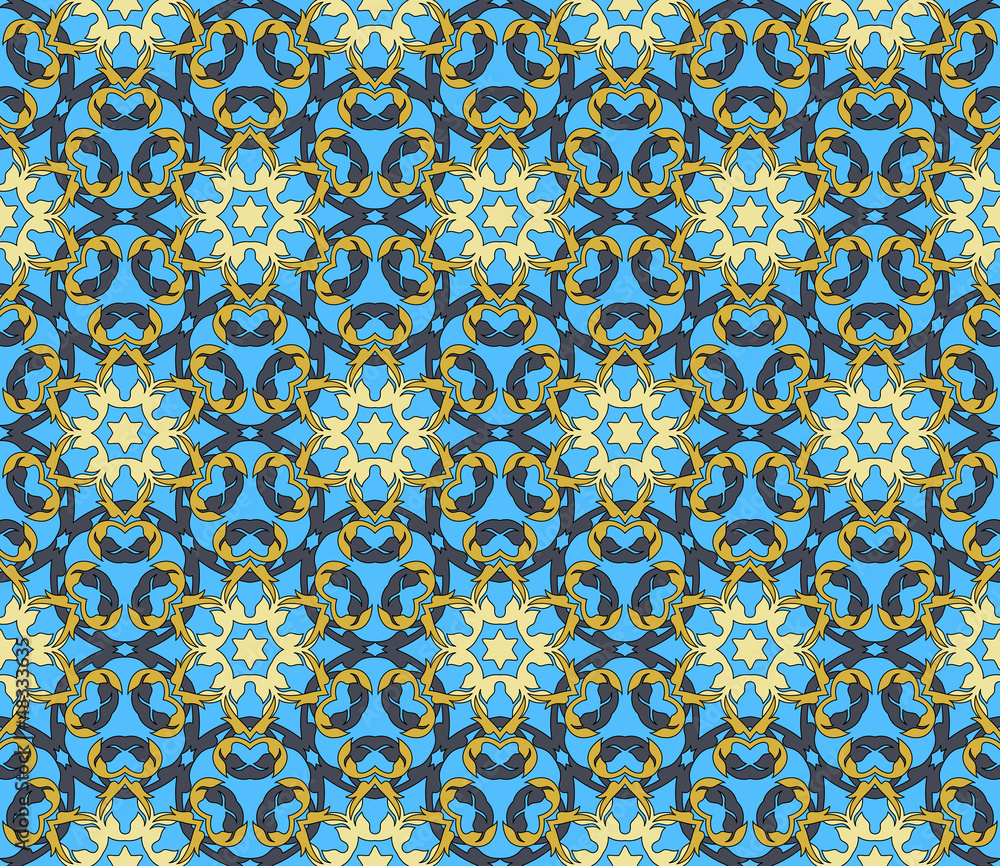 Seamless pattern with abstract flowers and stars in grey, blue,