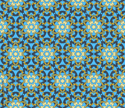 Seamless pattern with abstract flowers and stars in grey, blue,