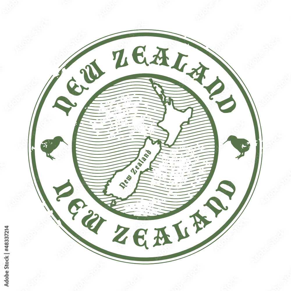 Grunge rubber stamp with the name and map of New Zealand, vector Stock