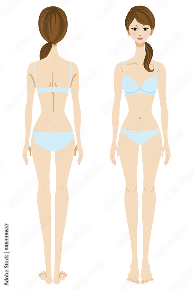 Young woman, underwear,Front and back view Young woman, underwear,Front and back view