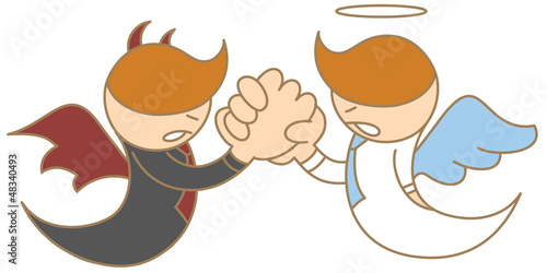 cartoon character of angel and devil arm wrestling