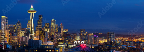 Seattle skyline panorama with Space Needle at dusk, WA, USA