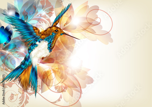 Colorful vector design with realistic  hummingbird and  floral o