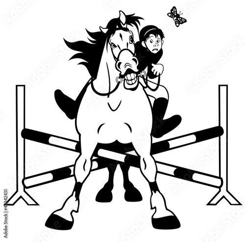 horse showjumping black white caricature