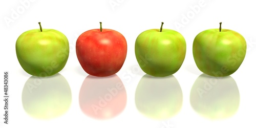 One red apple between three green apples on white background