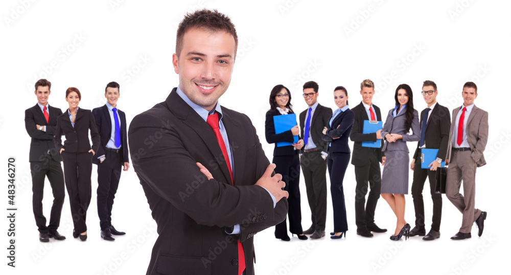 leader standing in front of his successful business team leader standing in front of his successful business team