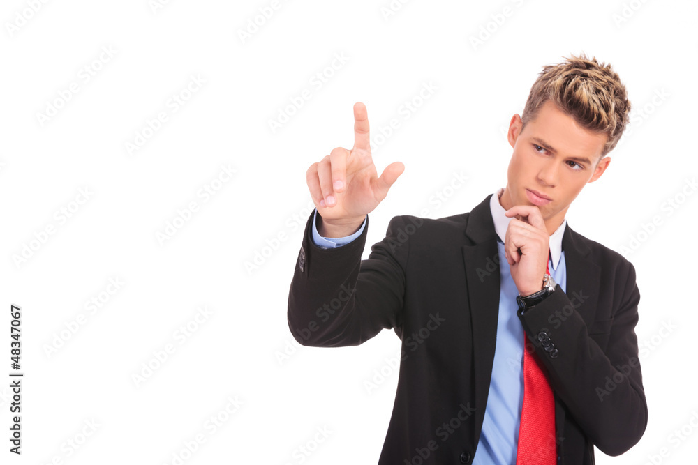 business man pushing an imaginary button business man pushing an imaginary button