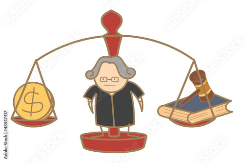 cartoon character of judge making decision money and law