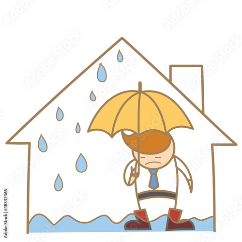 cartoon character of man in the leak roof house