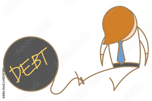 cartoon character of man in jail with debt ball
