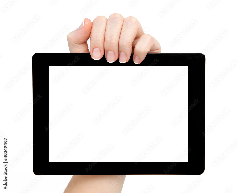woman hand hold a tablet with isolated screen woman hand hold a tablet with isolated screen