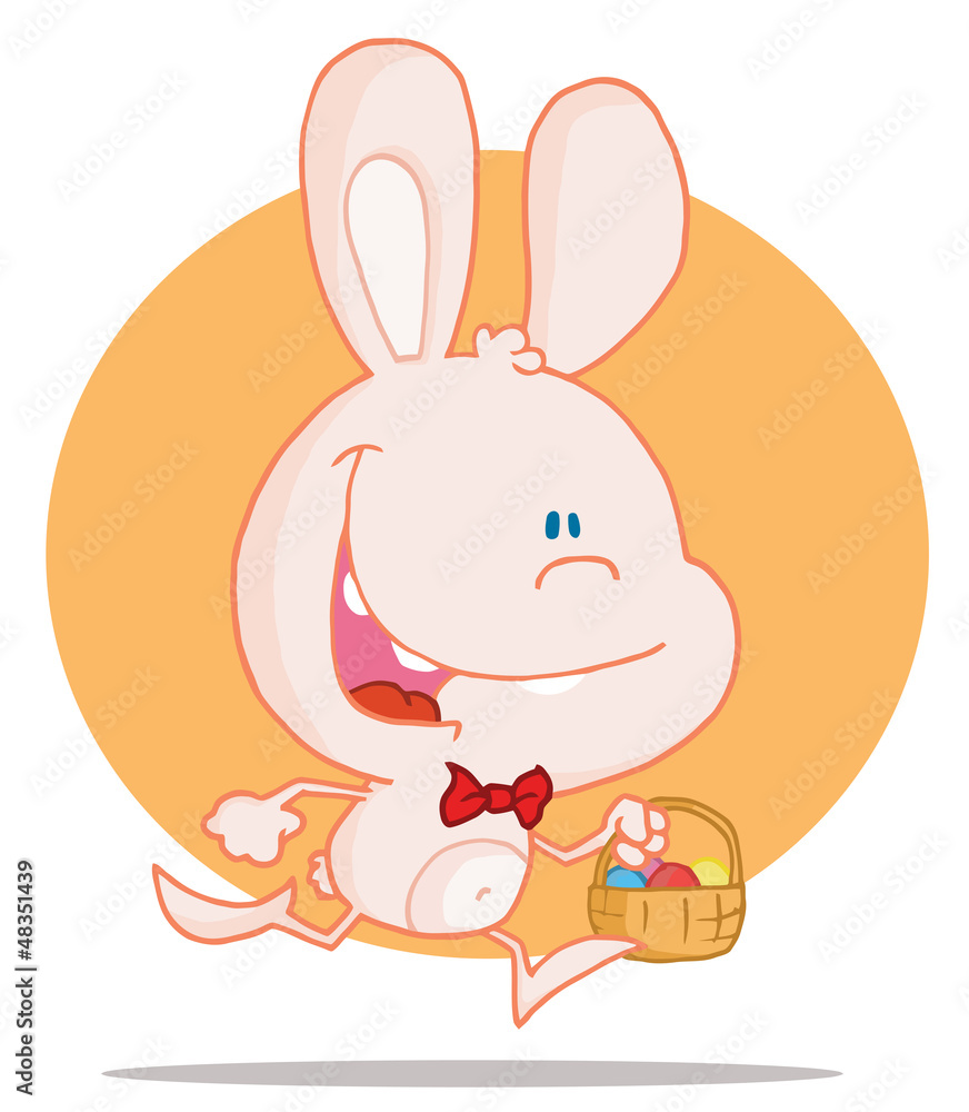 Happy Bunny Running With Easter Eggs In A Basket Happy Bunny Running With Easter Eggs In A Basket