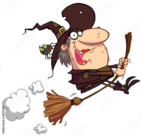 Witch rides broom