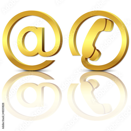 3d gold icons email and phone with reflection, set