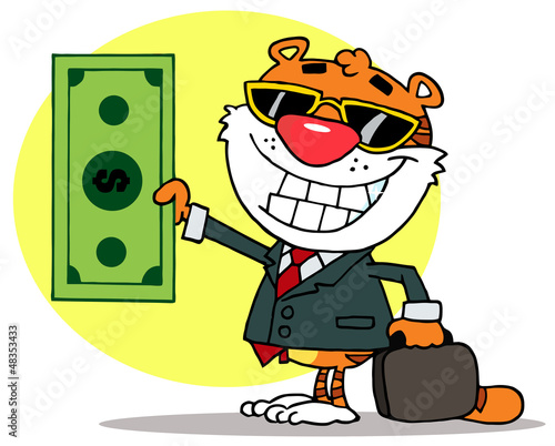 Cartoon Happy Tiger Keeps Dollar and Business Briefcase