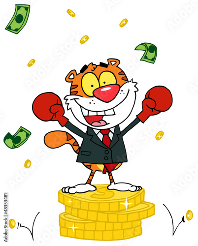 Cartoon Character Animal Happy Tiger Alated With Victory