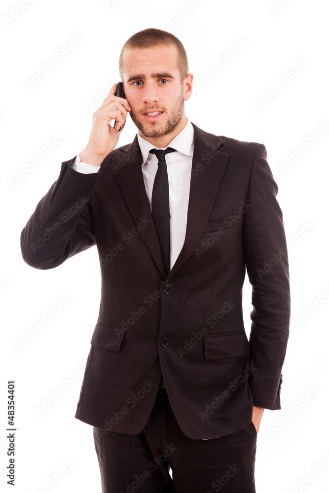 Young businessman using cell phone on white background Young businessman using cell phone on white background
