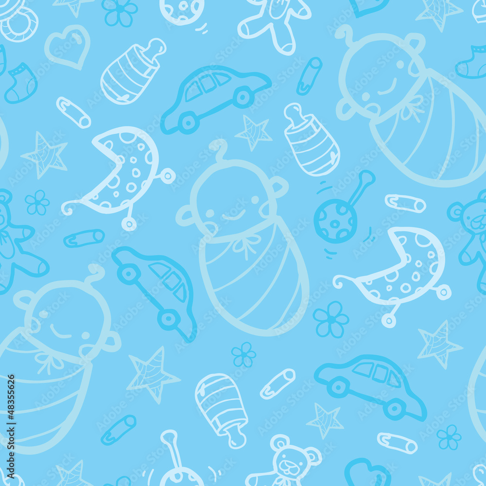 Vector baby boy blue seamless pattern background with hand drawn