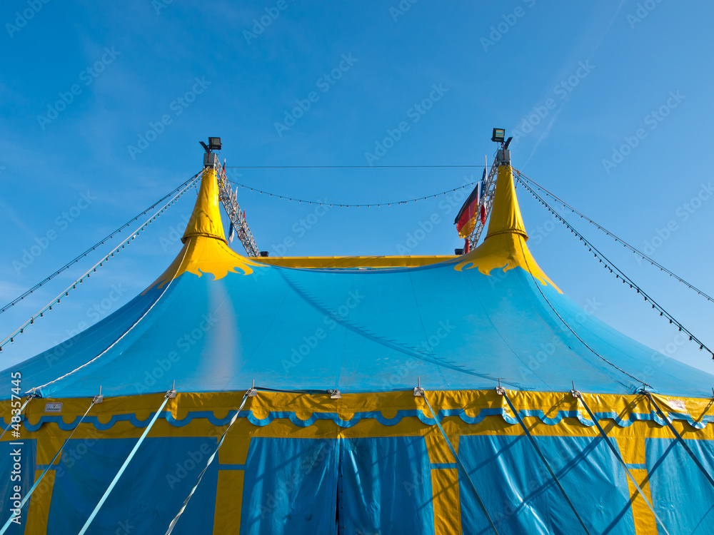 Roof part of a blue and yellow big top circus tent Roof part of a blue and yellow big top circus tent