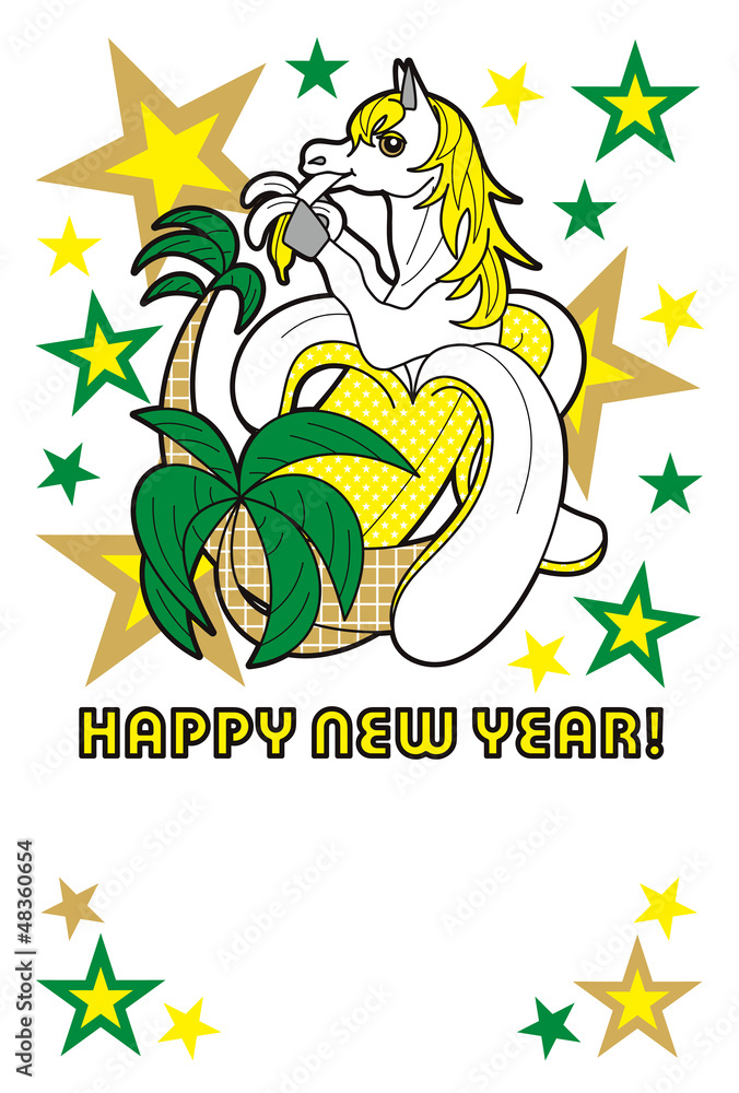 14年午年完成年賀状テンプレート 馬バナナhappynewyear 黒線 Stock Vector Adobe Stock 14年午年完成年賀状テンプレート 馬バナナhappynewyear 黒線 Stock Vector Adobe Stock