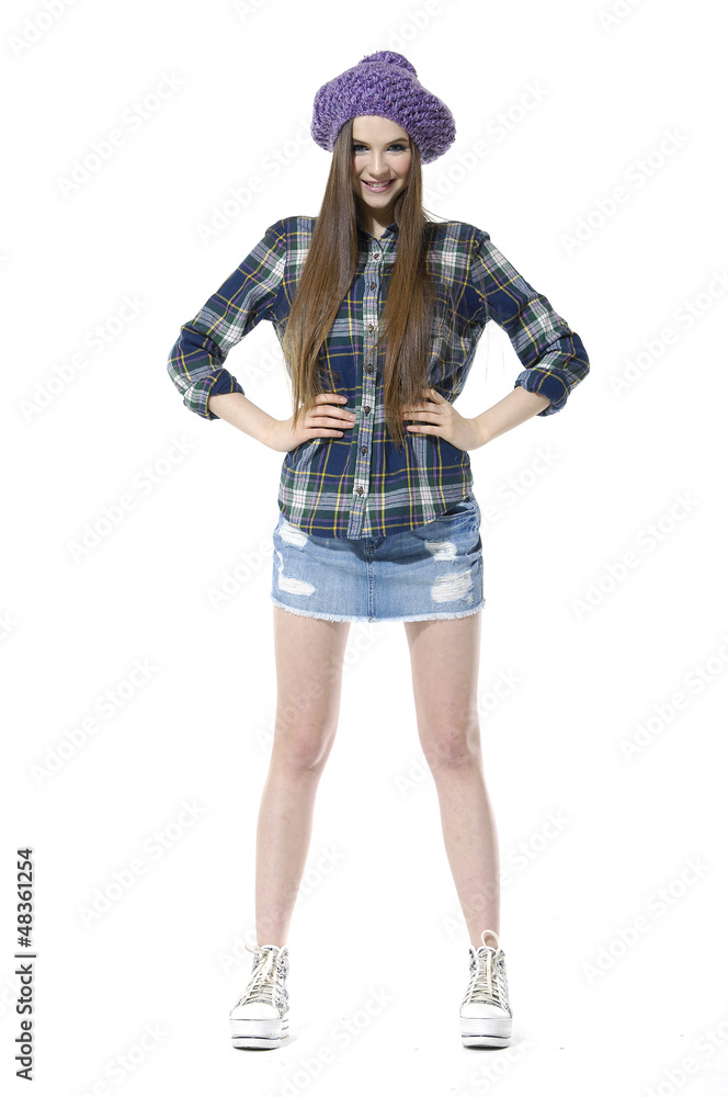 Full length of pretty young woman wearing in hat posing Full length of pretty young woman wearing in hat posing