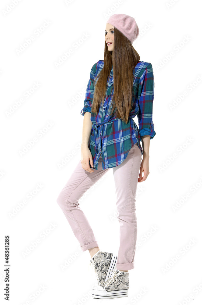 Full length beautiful girl in hat posing on white background Full length beautiful girl in hat posing on white background
