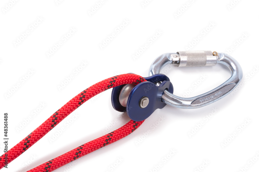 Climbing equipment - pulley, rope, carabiner Climbing equipment - pulley, rope, carabiner