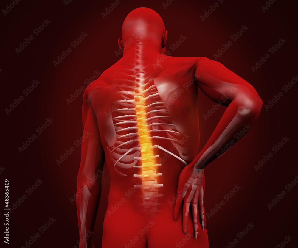 Red digital figure with highlighted back pain Red digital figure with highlighted back pain