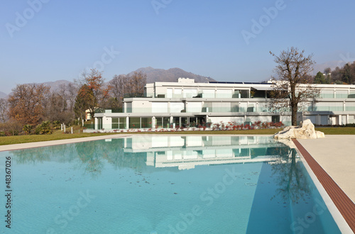 modern architecture, view from swimming pool