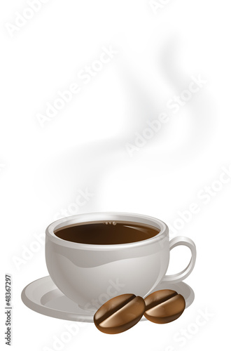 Cup of coffee plate and beans