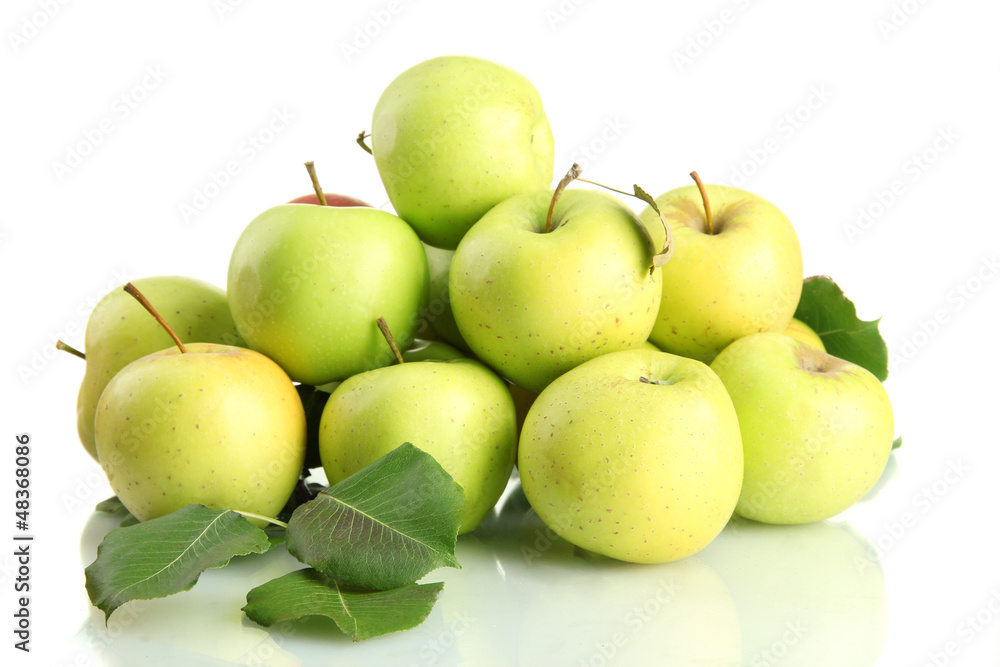juicy apples with green leaves, isolated on white juicy apples with green leaves, isolated on white