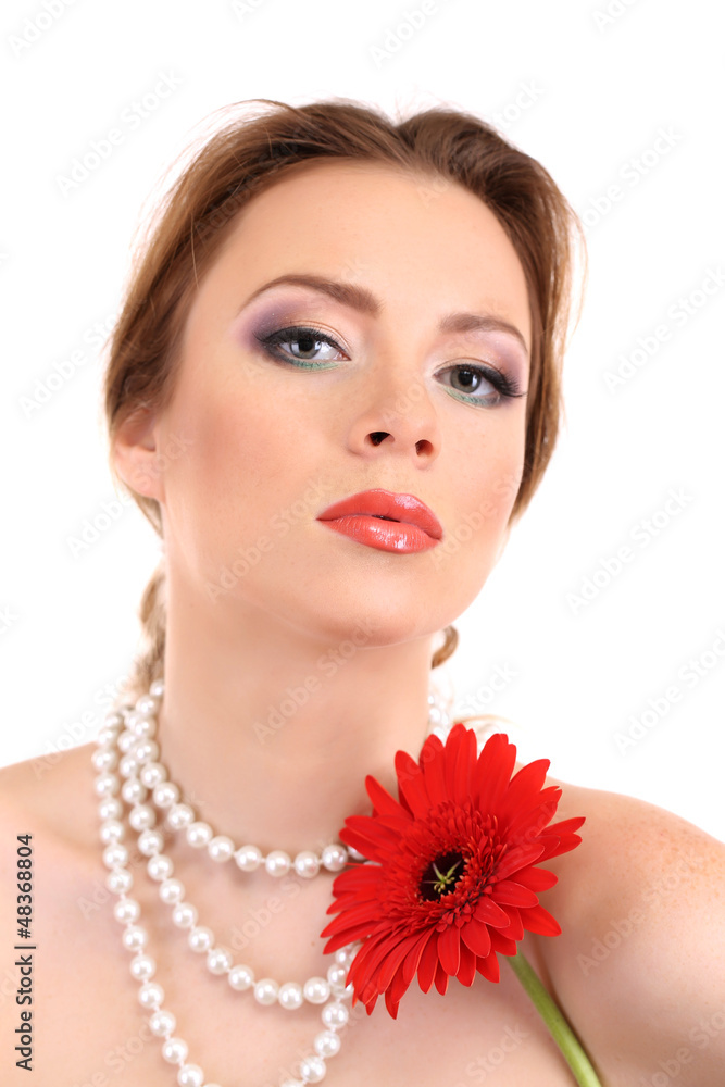 Beautiful young woman with bright make-up, holding flower, Beautiful young woman with bright make-up, holding flower,