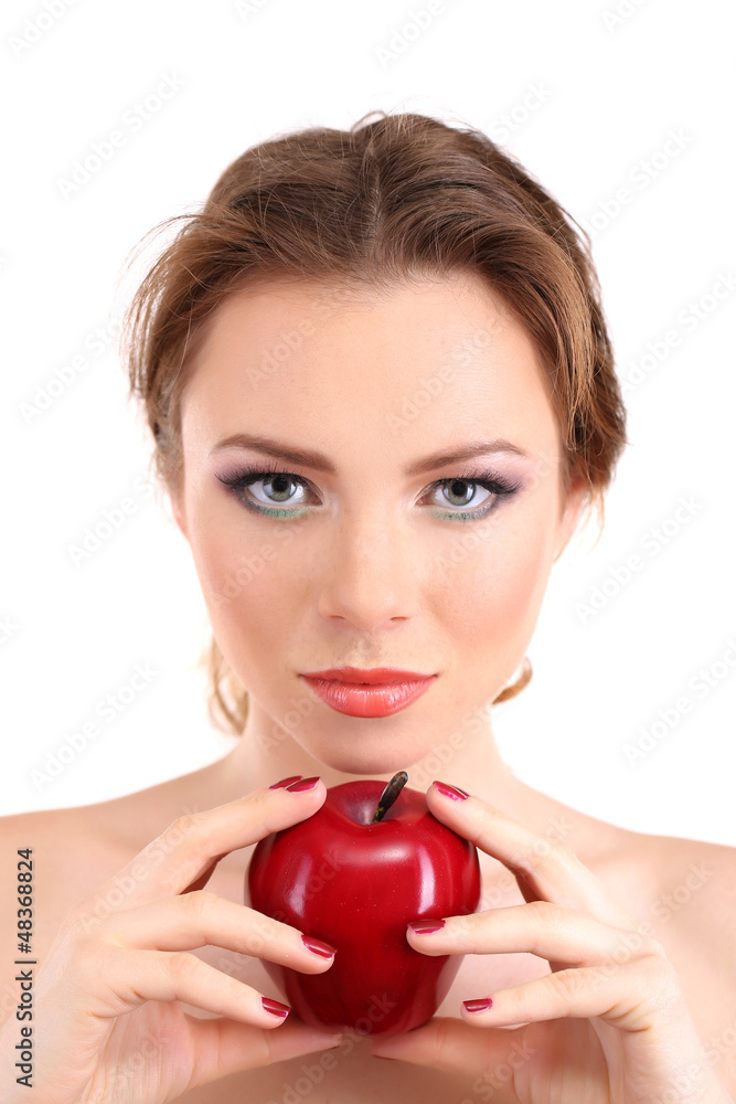 Beautiful young woman with bright make-up, holding red apple, Beautiful young woman with bright make-up, holding red apple,