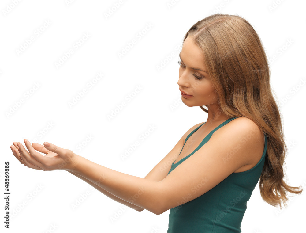 woman holding something on the palms woman holding something on the palms
