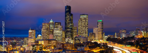 Seattle skyline panorama at dusk  WA  USA