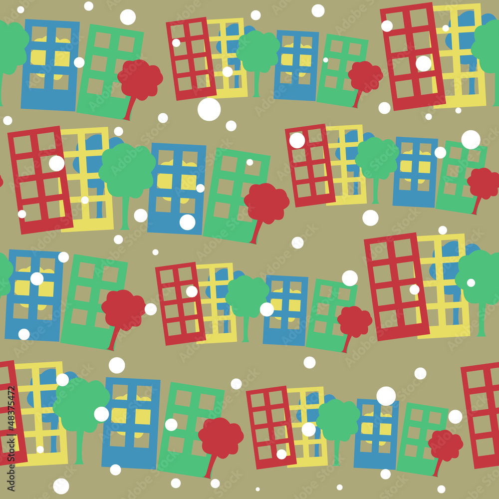 seamless pattern with cartoon town