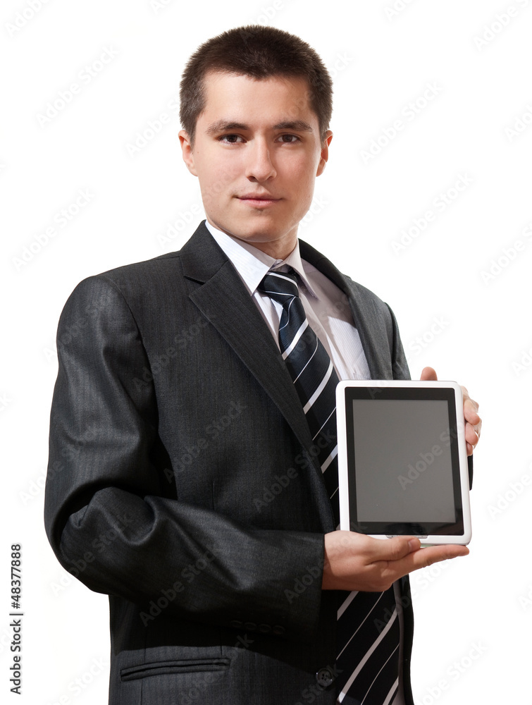 Business man holding and shows touch screen tablet pc Business man holding and shows touch screen tablet pc
