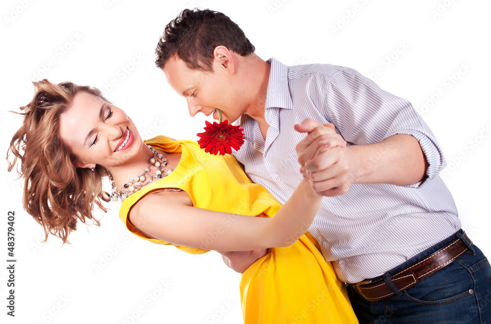 attractive couple of lovers. Man presents flower. Valentine s d attractive couple of lovers. Man presents flower. Valentine s d
