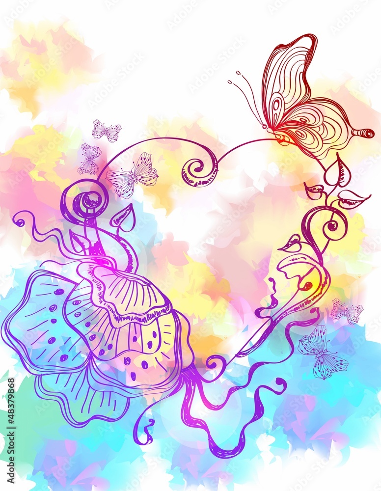 Beautiful card with ink flower and heart Beautiful card with ink flower and heart