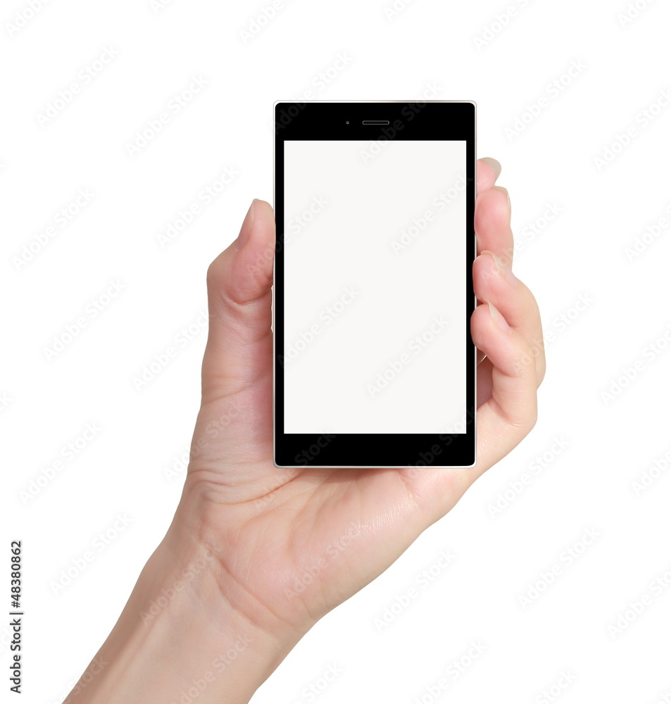 Modern mobile phone woman hand holding isolated on white backgro Modern mobile phone woman hand holding isolated on white backgro