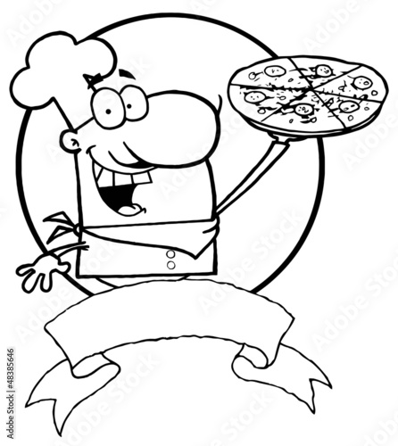 Outlined Male Chef Holding Up A Pizza Pie Over A Blank Banner