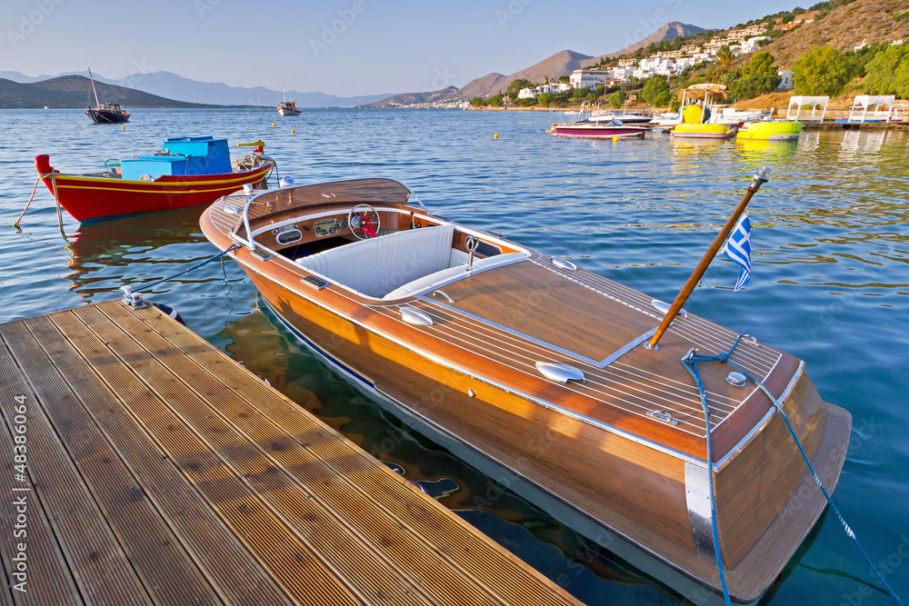 Wooden speed boat at the coast of Crete