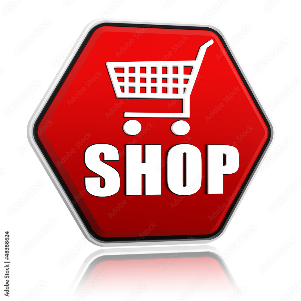 shopping cart sign with word shop hexagon banner shopping cart sign with word shop hexagon banner