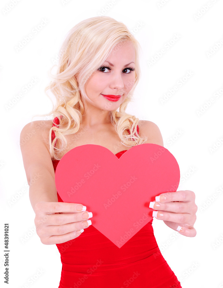 blonde young woman with Valentine heart isolated blonde young woman with Valentine heart isolated